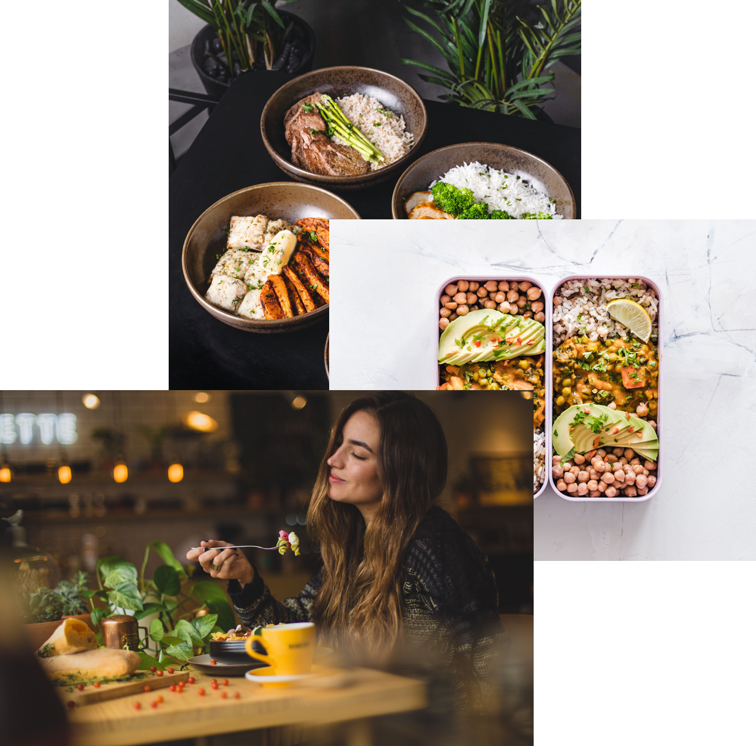 Woman enjoying food, 3 bowls of cooked food and 2 prepped meals